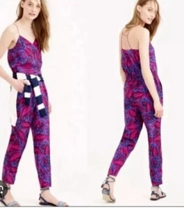 NWT J. Crew Silk Floral Midnight Fuchsia Strappy Jumpsuit Size 4 Pockets  - Picture 1 of 16
