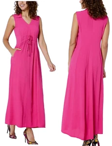 NEW Nina Leonard Collared V-Neck Maxi Dress CRINKLE PINK SZ XL - Picture 1 of 12