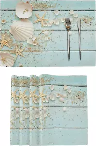 Summer Seashell Starfish Placemats Set of 6 Teal Wooden Table Mats 12X18 Inches - Picture 1 of 12