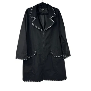 Samuel Dong Black Trench Blue White Plaid Trim Detail Long Spring Coat XL Women - Picture 1 of 11