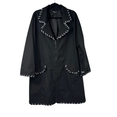 Samuel Dong Black Trench Blue White Plaid Trim Detail Long Spring Coat XL Women - Image 1 of 4