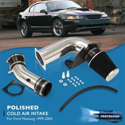 For 99-04 Ford Mustang V6 Polish Cold Air Intake CAI System + Heat Shield Filter - Image 1 of 4