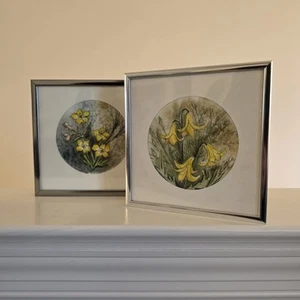 2 Cute Watercolor Paintings Framed Yellow Canada Lillies & Buttercup Flowers - Picture 1 of 9