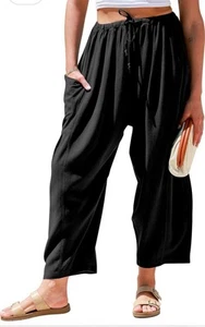 TARSE Womens Linen Wide Leg Pants Casual Loose Drawstring Black Beach XL 2Pocket - Picture 1 of 5