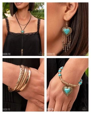 Joyería Paparazzi Simply Santa Fe Fashion Fix Set - Piedra Azul Corazón y Oro Foto 1 de 4