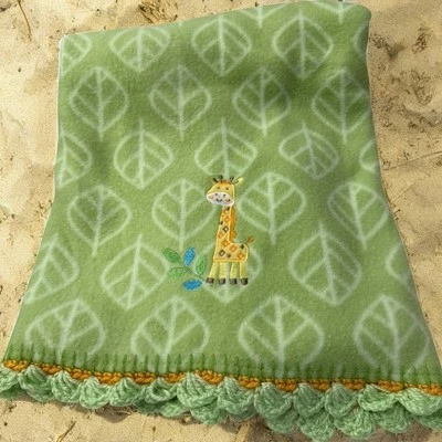 Лаймовое зеленое флисовое детское одеяло с желтым жирафом крючком по краям коттедж милое - - Изображение 1 из 4