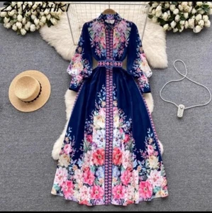 Spring Autumn Colorful Flower Dress Women's Stand Collar Single Breasted Small - Picture 1 of 11