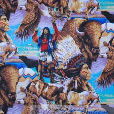 BonEful Fabric FQ Cotton Quilt VTG Indian Buffalo Eagle Bird Bull Horse Owl Wolf - Image 1 of 4