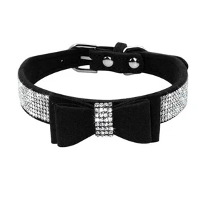 Fancy Bling Rhinestones Diamante Soft Leather Bow Tie Pet Cat Dog Collars XXS-M - Picture 1 of 6
