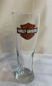 HARLEY-DAVIDSON 9" Tall Pilsner Beer Glass, Orange/Black Bar & Shield Logo - Picture 1 of 4