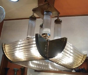 VINTAGE ART DECO HANGING SHIP BRASS & GLASS ROD CEILING LIGHT 12 CHANDELIER LAMP - Picture 1 of 6