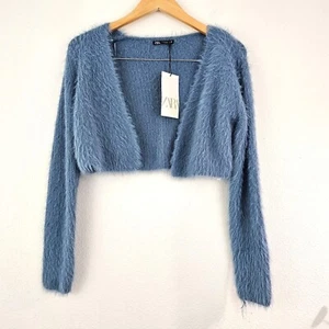 Zara Sz S Soft Fuzzy Cropped Cardigan Open Front Ice Blue Long Sleeve Soft Cozy - Picture 1 of 6