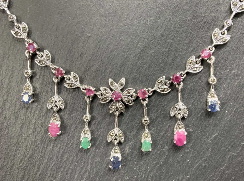Kette  Smaragd, Saphir, Rubin & Markasit   925er Silber - Bild 1 von 4