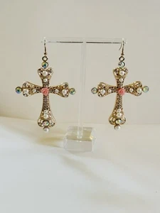 Cross Dangle Earrings Pearl Chunky Gold Statement Couture Pierced Drop Rare Y2K - Picture 1 of 7