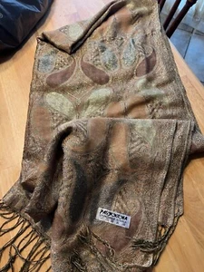 Pashmina Scarf Wrap Brown Tan Gold 55% Pashmina 45%Silk Sparkle Fringe Lg EUC - Picture 1 of 5