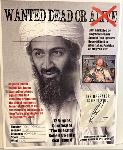 US Navy Seal Robert O'Neill Signed 13 X 16 Wanted Poster PSA COA 142/199 Rare Cover