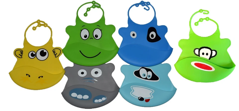 SILICONE BIBS Baberos impermeables de silicona con estampado de animales para bebé con bolsillo para recoger migas limpiables para niños pequeños