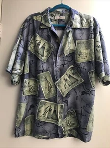 Tommy Bahama Mens pinup girl L Shirt Green paradise found Postcards 100% Silk - Picture 1 of 11