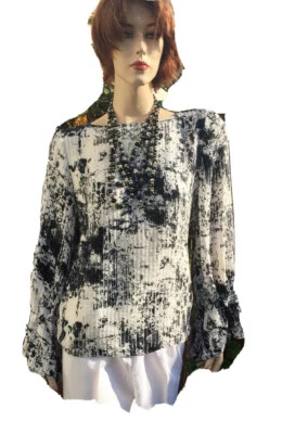 女式 Krinkle 衬衫黑色白色抽象图案船领长袖上衣 S/M — 第 1/4 张图片