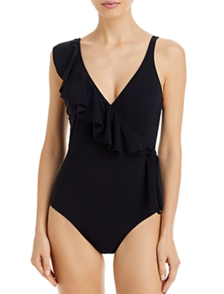 Profile by Gottex Womens Black Ruffle Wrap Front One Piece Swimsuit Size 10