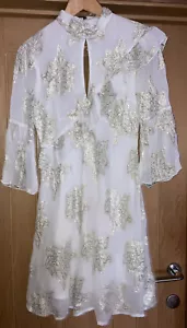 Miss Selfridge White & Gold Floral Chiffon Ruffled Bell Sleeve Dress Size 8 £49 - Picture 1 of 16