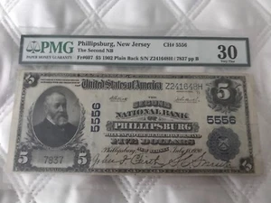 1902 $5 PHILLIPSBURG NJ NEW JERSEY NATIONAL BANK CH. #5556 PMG 30 - Picture 1 of 5
