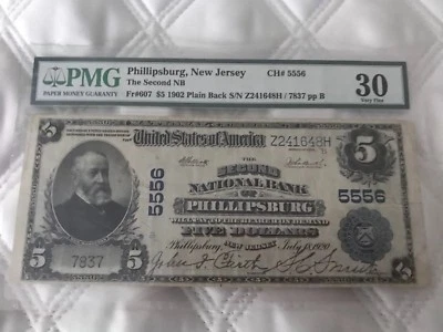 1902 $5 PHILLIPSBURG NJ NEW JERSEY NATIONAL BANK CH. #5556 PMG 30 - Image 1 of 4