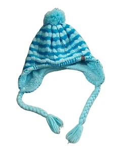 The North Face Hat Junior Kids Blue Knit Earflap Beanie Warm Pompom Lined  Y-SM - Picture 1 of 7
