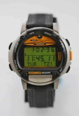 Timex Herren Armbanduhr Plastik Silber Schwarz Leder 100m Hell Alarm Datum Chron - Bild 1 von 4