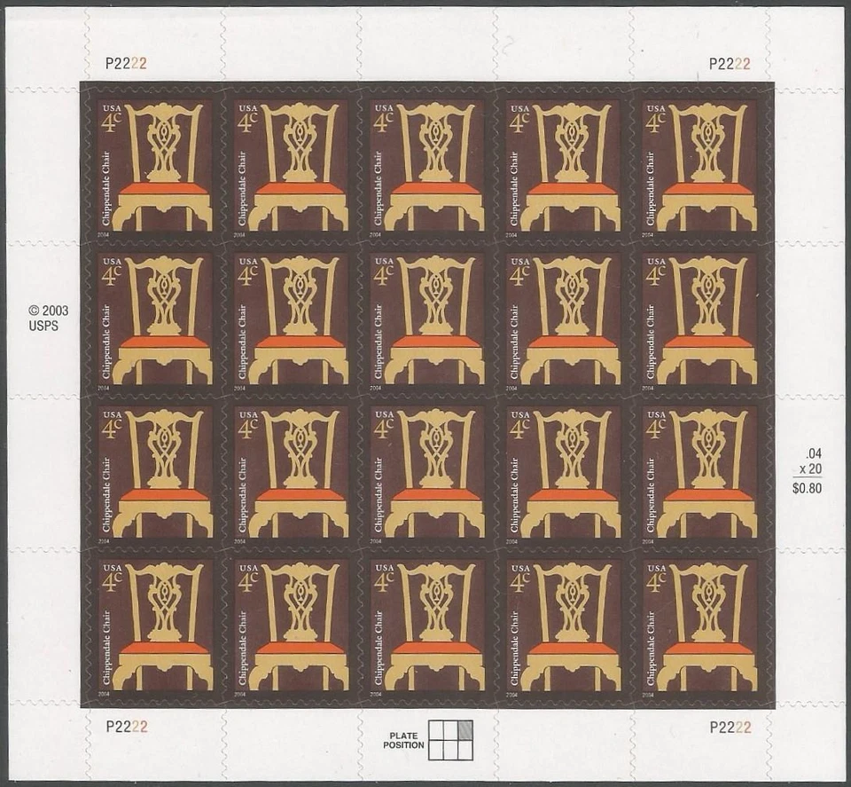 Sheet of 20 stamps - Scott 3755 - 4 cent - Chippendale Chair - 2004 - MNH - Image 1 of 1