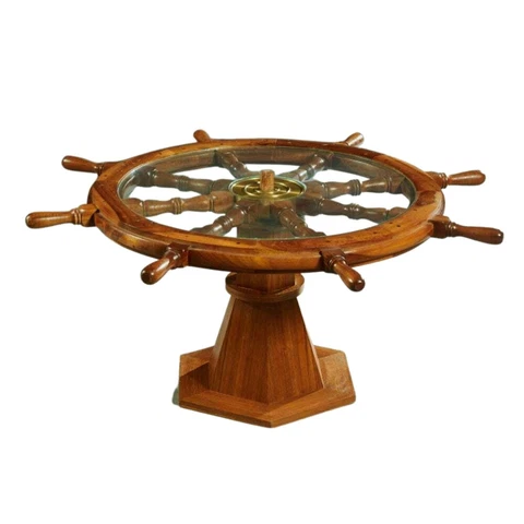Table, Ship's Wheel, Coffee, Glass Top, Unusually Carved Mahogany, 1900's! Cover