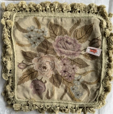 Lovely Floral Pastel Color Design 14" Hand Crafted Needlepoint Pillow Cover - Image 1 of 3