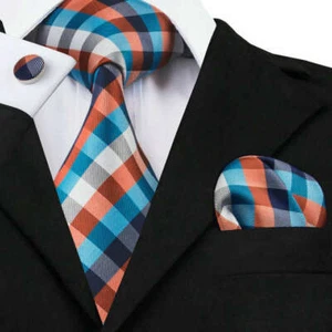 Corbata, pañuelo y gemelos a rayas cruzadas azul, naranja y blanco - Imagen 1 de 4