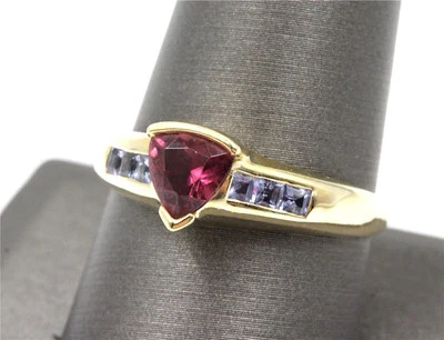 GORGEOUS 14K SOLID GOLD GENUINE PINK TOURMALINE & TANZANITES SIZE 10 RING - Image 1 of 4