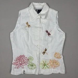 Carole Little Womens White Linen Floral Embroidered Sleeveless Button Up Size S - Picture 1 of 5