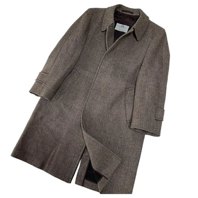 Aquascutum Scottish Tweed Herringbone Long Coat Brown Wool England Vintage F/S - Image 1 of 4