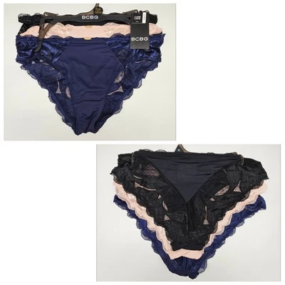 BCBG 3 Pack Women's M L XL Luxe Lace Bikini Nylon Panties Black Beige Navy Blue - Image 1 of 4