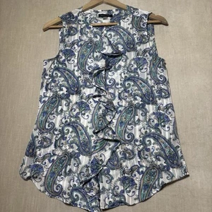 Tommy Hilfiger Sleeveless Paisley Ruffle Button Blouse Flowy Semi Sheer Sz Small - Picture 1 of 7