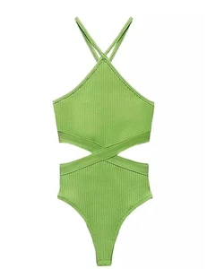 Zara Ribbed Cut-Out Halter Bodysuit Lime Green Size S NWT - Picture 1 of 4