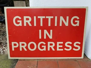 Original Vintage GRITTING IN PROGRESS Aluminium Sign - Picture 1 of 4