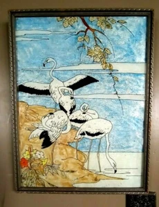 Vtg Estate Under Glass Framed Reverse Foil Art Flamingos Painting *12.5" x 17" - Picture 1 of 4