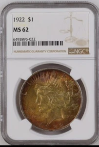 1922 Silver Peace Dollar PCGS MS62, colorful toning. Our T3191 - Picture 1 of 8