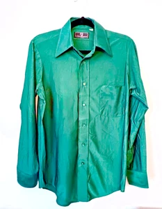 Vintage Disco Shirt Van Heusen EMERALD GREEN Qiana Nylon Dagger Collar 70's MOD - Picture 1 of 4