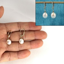 14k Yellow Solid Gold Leverback Genuine White Cultured Pearl Dangle Earrings TPJ