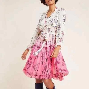 Anthropologie Dip Dyed Ombré Pink Floral Swiss Dot Pretty Ruffled Dress Size US8 - Picture 1 of 4