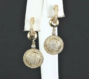 $5500 14K Yellow Gold 1.50ct Pave Round Diamond Circle Drop Dangle Hoop Earrings - Picture 1 of 8