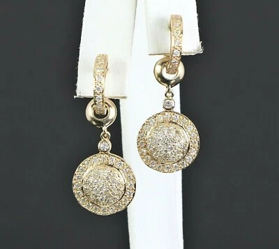 $5500 14K Yellow Gold 1.50ct Pave Round Diamond Circle Drop Dangle Hoop Earrings - Image 1 of 4