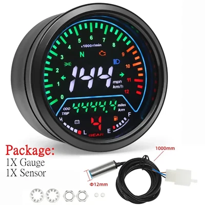 Universal Motorcycle Speedometer Digital Gauge with Tachometer 12000RPM Km/h MPH - Image 1 of 4