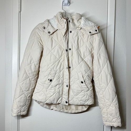 OFF WHITE Giacca con cappuccio Love Tree Off bianca crema cerniera sul davanti trapuntata taglia small