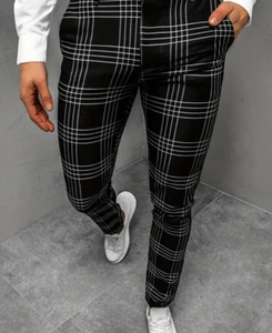 Men Casual Pants Checkered Black White Plaid Stretch Slim Fashion Checker Trendy - Picture 1 of 5